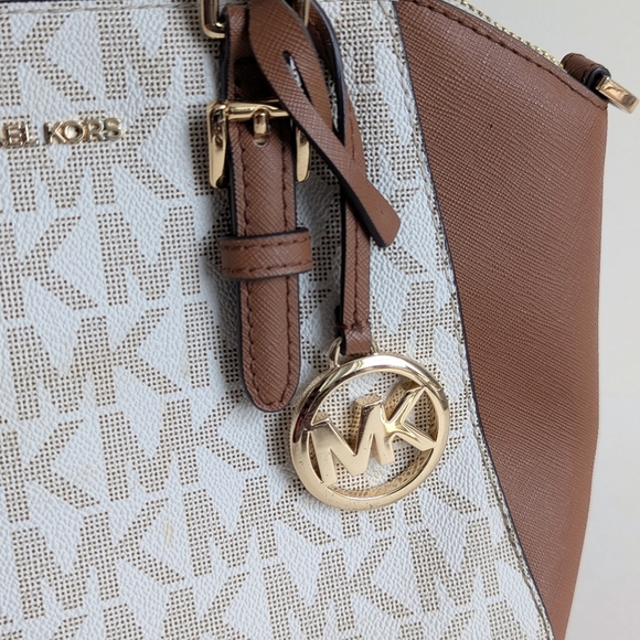 Michael Kors Ciara Medium Logo Printed Coated Canvas Leather Satchel Cream Brown - Picture 7 of 15